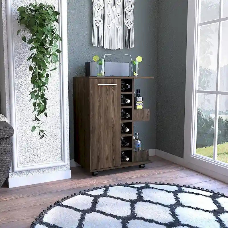 Rolling Bar Cart with Enclosed Cabinet 6-Bottle Wine Cubby and Open Bottle Shelves