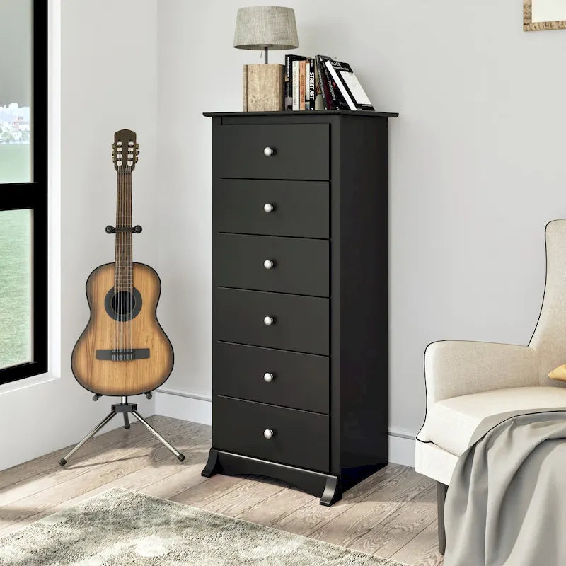 6-Drawer Tall Bedroom Dresser, Black Laminate, Brushed Nickel Knobs, 52.75H