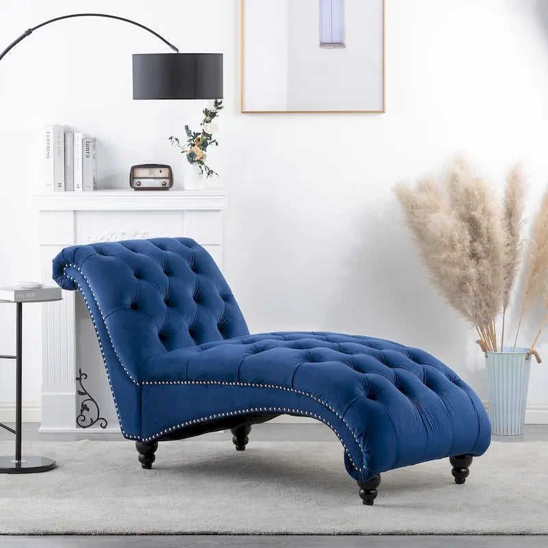 Tufted Chaise Lounge with Gourd-Shape Wood Legs | Blue