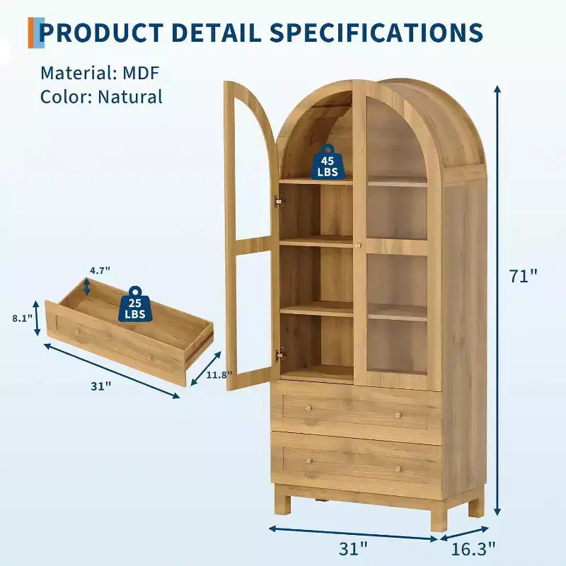 71 Tall Arched Pantry Cabinet, Modern Farmhouse Kitchen Storage Cabinet with 2 Large Drawers