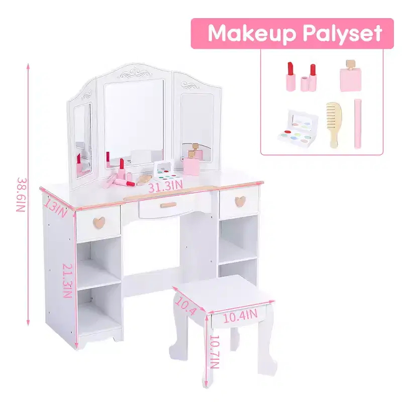 Kids Vanity, Princess Makeup Desk and Chair Set with Mirror Drawer Storage Shelves, Wooden Dressing Table, Pretend Play Vanity Set for Girls