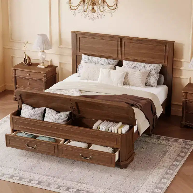 Farmhouse Queen Platform Bed �C Headboard, Footboard Storage Bench & 2 Drawers