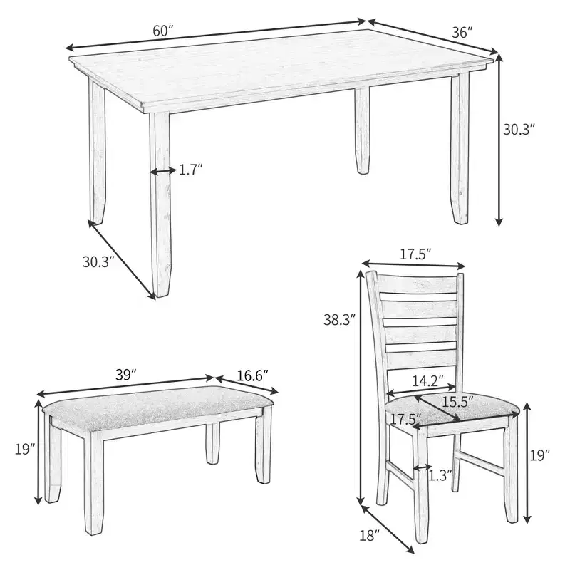 Farmhouse Kitchen Dining Table Set for 6, Wood Rectangle Table and 4 Upholstered Chairs & Bench