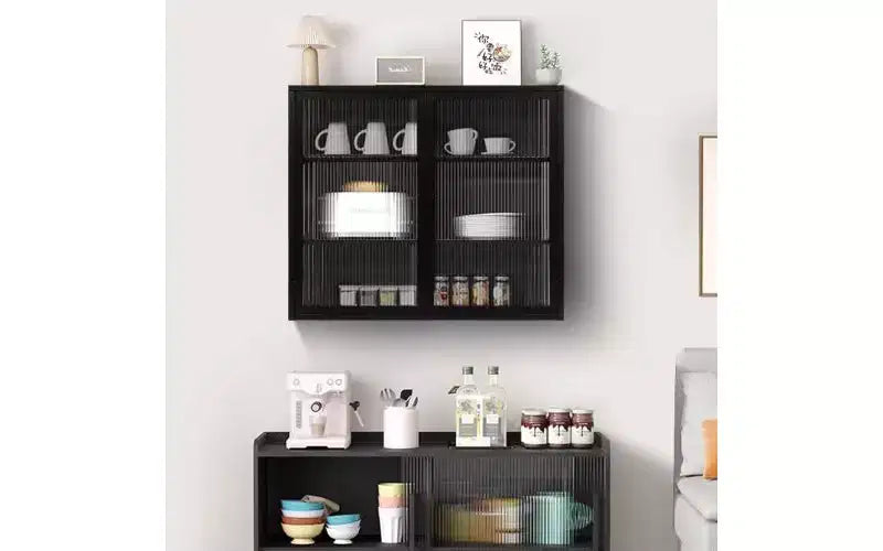 Modern 3-Tier Sideboard Cabinet - Iron & Tempered Glass, 2 Doors, Wall or Freestanding