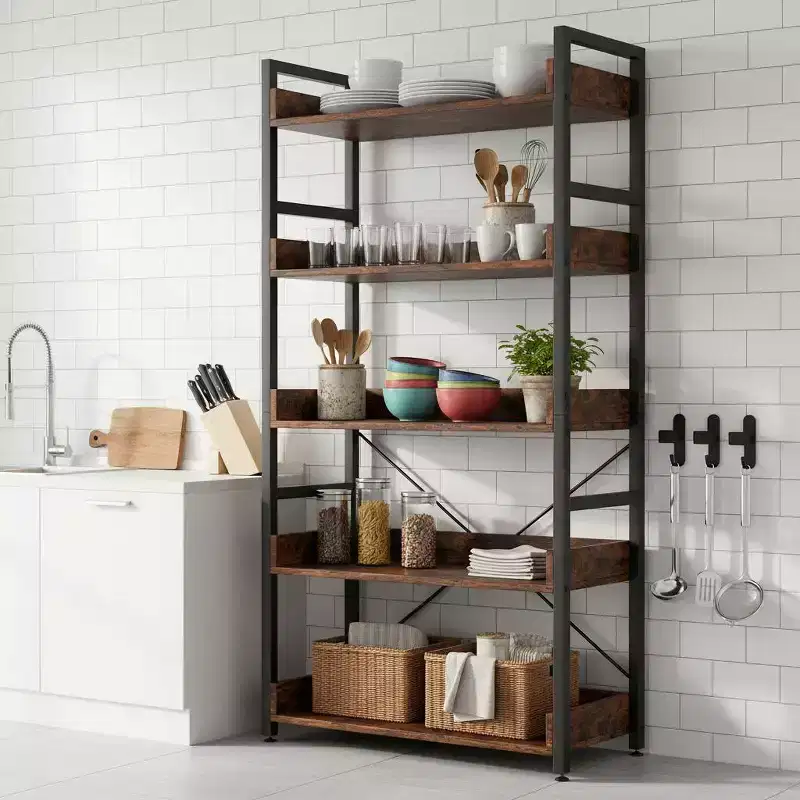 1/2PC 5-Tier Storage Rack w/ Hooks Open Shelves Rustic Wood Grain Design Adjustable Feet Brown+Black