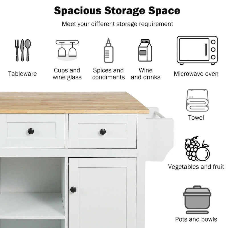 White Rolling Kitchen Island Cart with 5 Wheels Drop Leaf Rubberwood Top 3 Drawers and Spice Rack