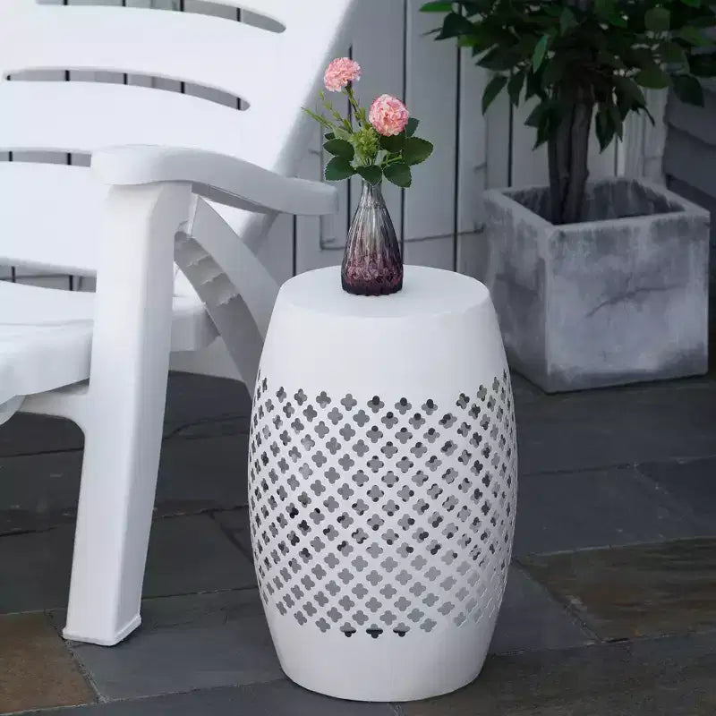 NAYSAYE End Table with Fretwork Design, Decorative End Table with Woven Lattice Design for Home Lawn Garden Patio, White, 9.75*18*9.75