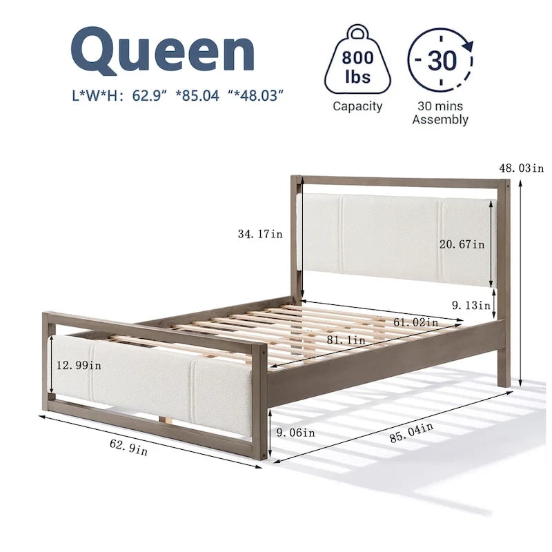 Queen Platform Bed with Boucle Fabric Headboard & Grey Wood Frame