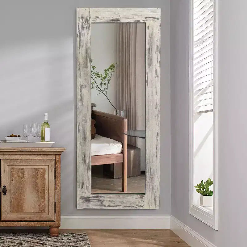 PexFix 24 in. W x 58 in. H Farmhouse Rectangular Solid Wood Framed Full Length Leaning Mirror in Weathered White