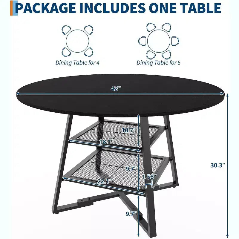 Round Dining Table for 4, 42 Inch Kitchen Table with Storage Shelf, High Top Farmhouse Design Wood & Metal, Family Dining Table for 4-6 People