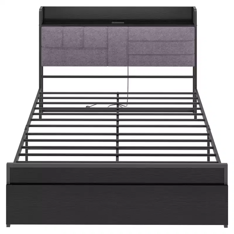 Grey Upholstered Bed Frame with Storage, Charging Station Black Frame No Box Spring Needed