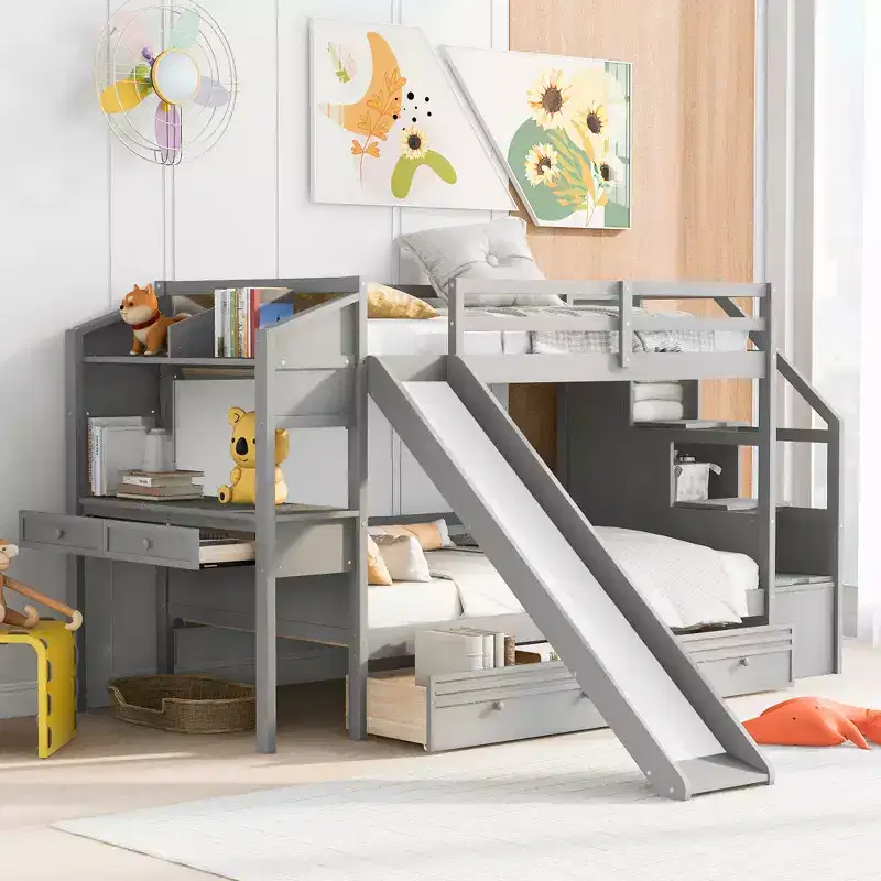 Twin Over Twin Bunk Bed with Slide, Desk, Storage Staircase & Drawers for Kids