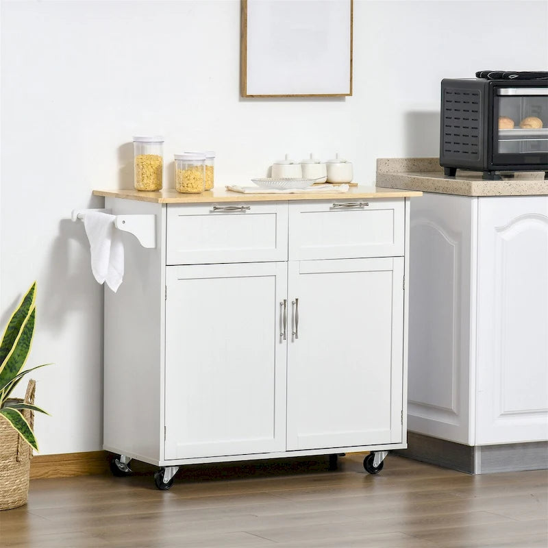 White Rolling Kitchen Island Cart with Drawers Cabinet and Towel Rack