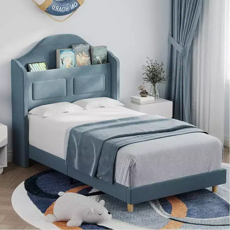Pink Velvet Twin Bed Frame with Bookcase Headboard, Glow Feature, Storage, No Box Spring, Easy Assembly