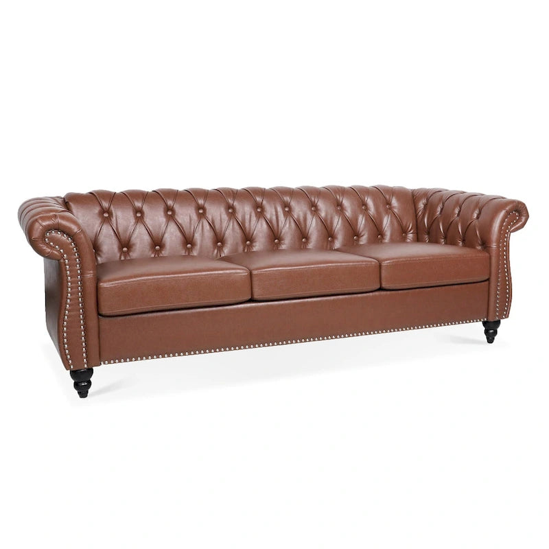 84 Mid-Century Modern 3-Seater Chesterfield Sofa, PU Leather, Birch Legs, 660 lbs