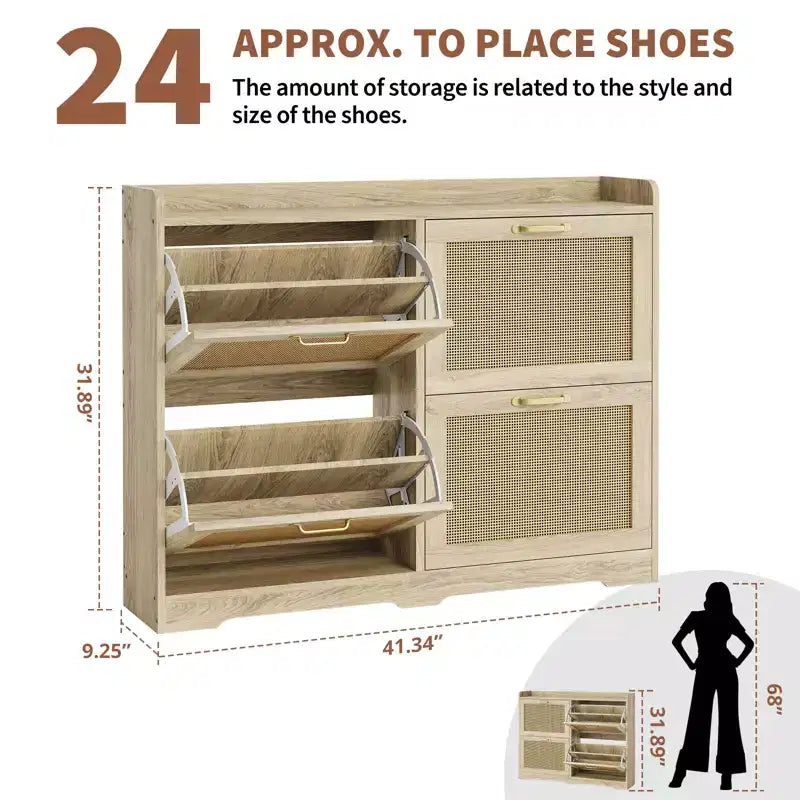 Freestanding Wooden Shoe Cabinet with 4 Flip-Up Doors Natural Rattan Style
