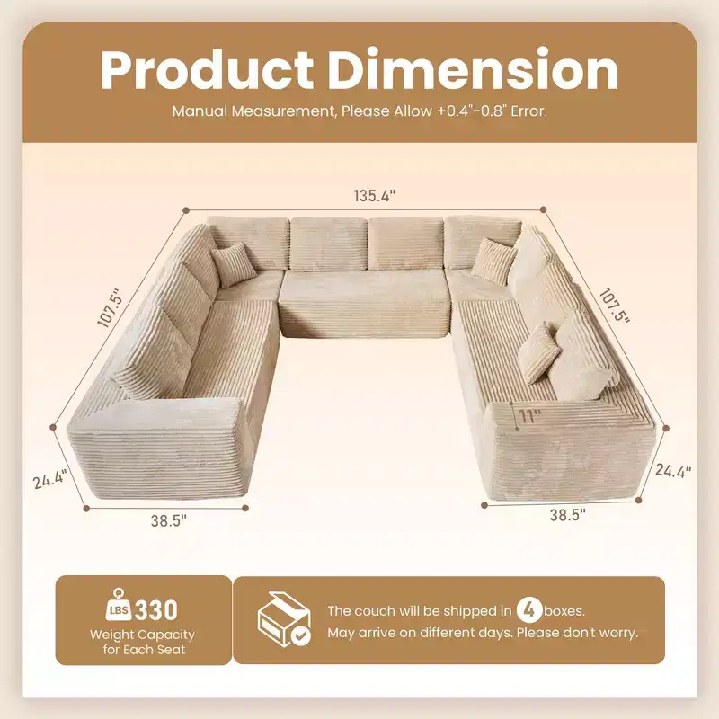 HOMLUX U-Shape Modular Sectional Sofa Couch, 27 Deep Seat Modern Minimalist Couches for Living Room, Style 5