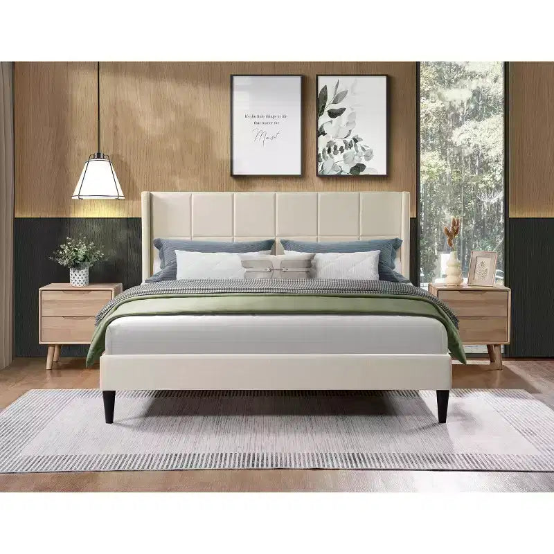 Okak Queen Size Primary Bedroom Bed Frame with Corduroy/Linen Upholstered Headboard,Modern Platform Bed No Box Spring Needed