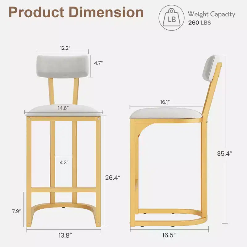Bar Stools Set, Counter Height Bar Stools for Kitchen Counter, Island Chairs, Modern Tall Barstools with Back, Metal Counter Stools with Upholstered
