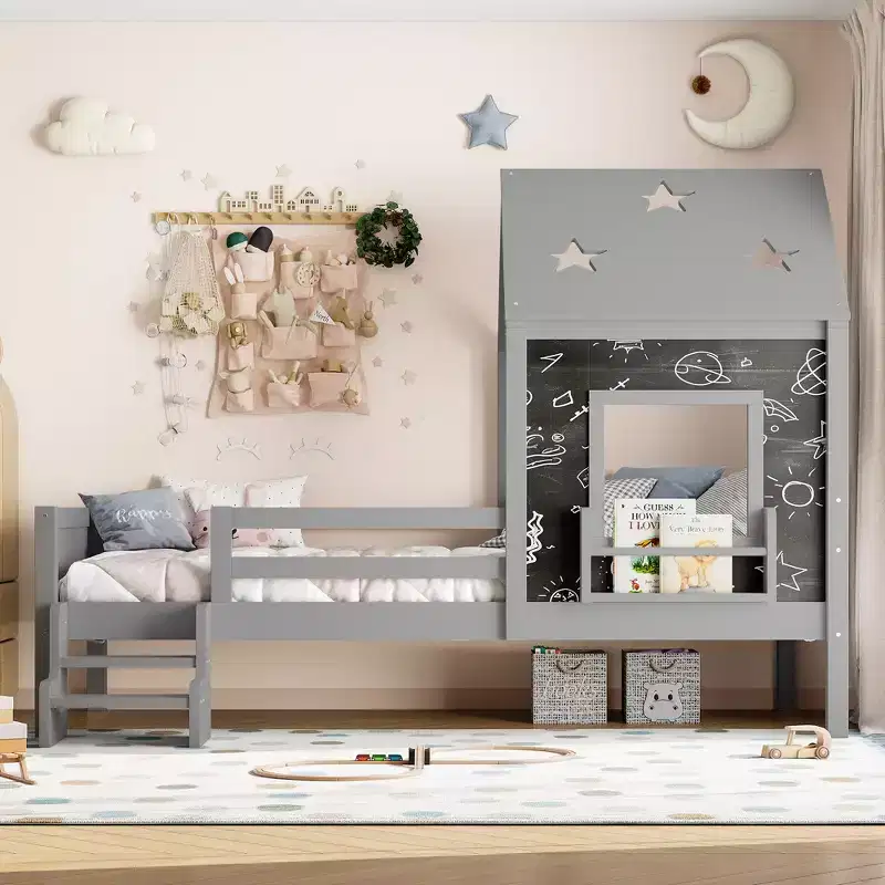 Twin/Full House Bed Platform Bed Frame with Low-Profile Stairs, Bookcase, Blackboard & Star Roof