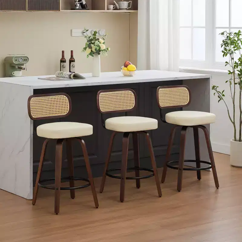 CLIHOME 3 Pieces Counter Height Bar Stools - 26 Rattan Counter Height Stools With Cane Back and Upholstered Seat