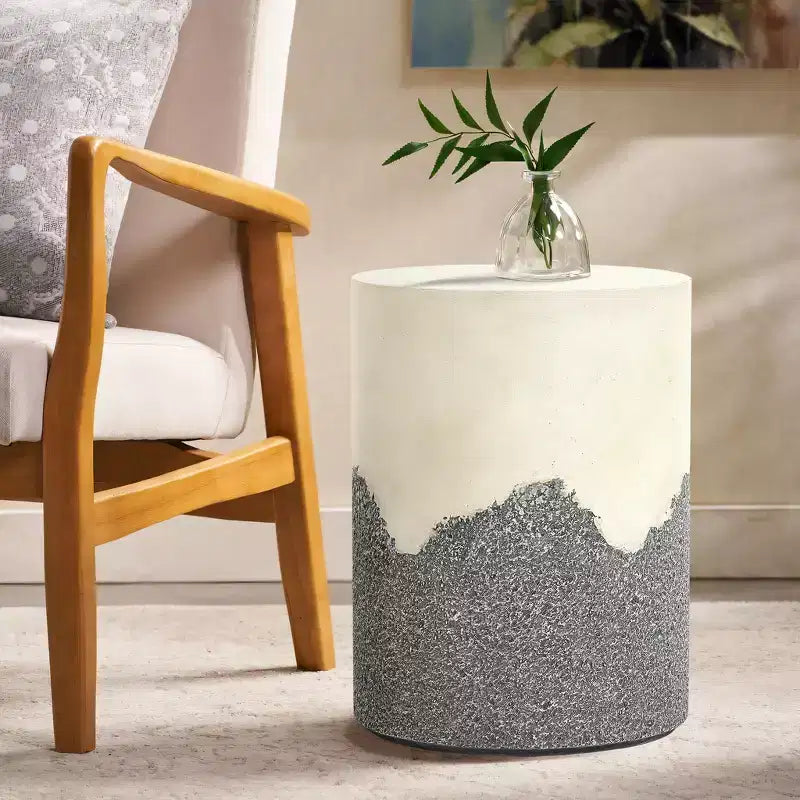 LuxenHome Outdoor Patio Table, 17 Gray and Cream Cement Round Side Table,Modern Garden Decorative Stool,Outdoor Accent End Table