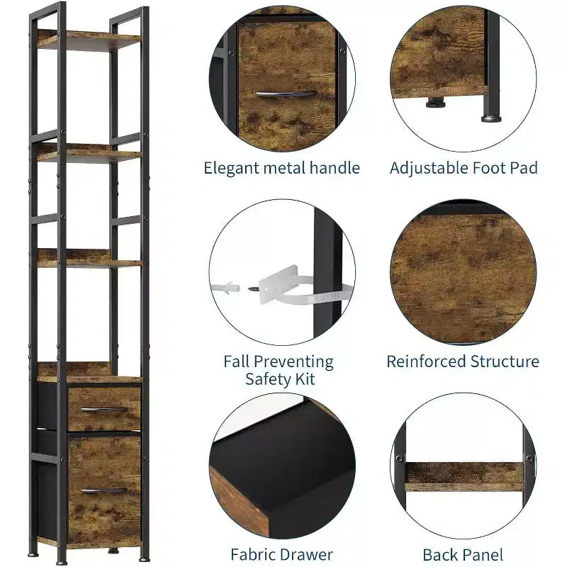 6 Tier Industrial Bookshelf, Tall Narrow Bookcase with 2 Fabric Drawers, Metal Frame Book Shelf, Freestanding Display Shelf Storage Organizer