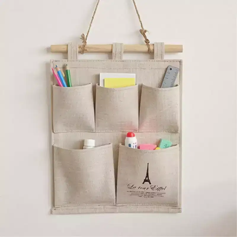 Alilang Hanging Wall Organizer with Eiffel Tower Print and Five Canvas Storage Pockets 12.5x9.5 in