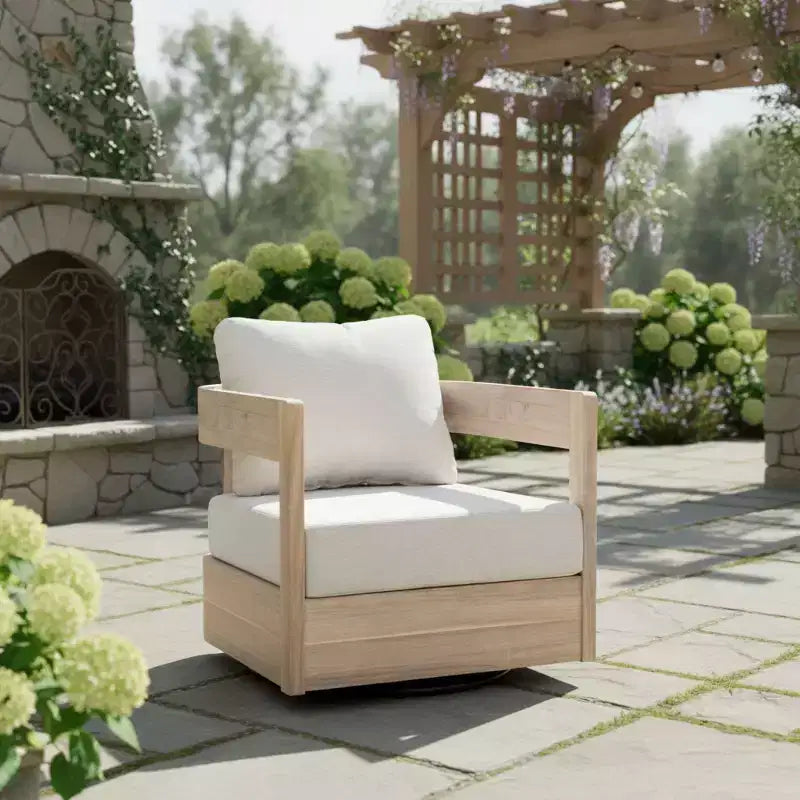 Christopher Knight Home Hira Modern Outdoor Acacia Wood Swivel Club Chair with Thick Cushions and Curved Backrest