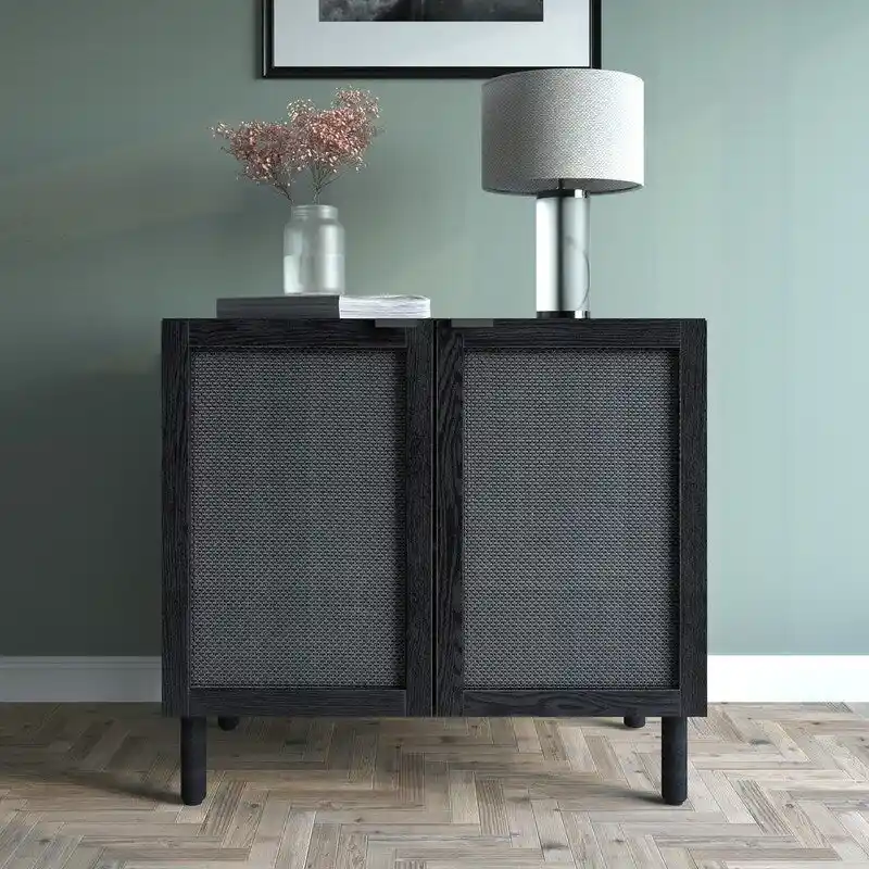 2-Door Cabinet, Black Synthetic Rattan Panels, Adjustable Shelf, Solid Wood Cylindrical Legs