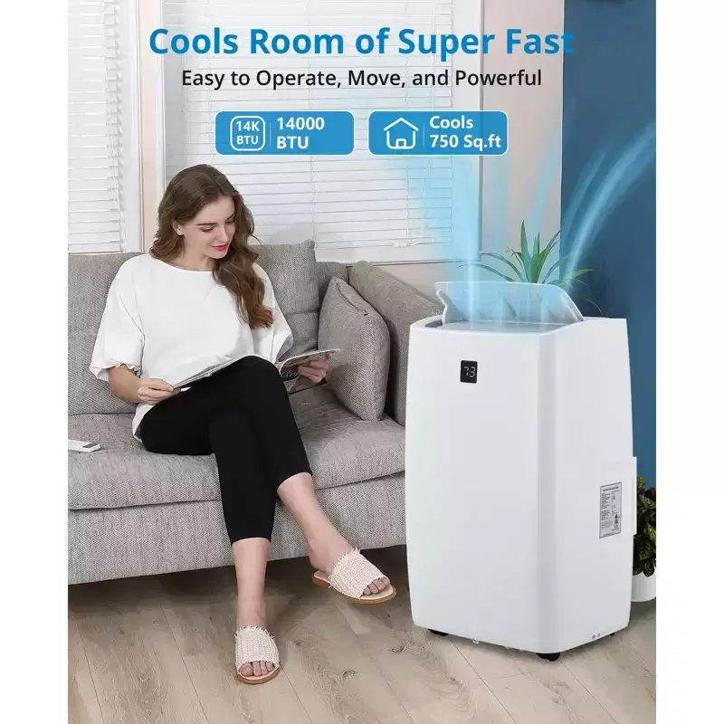 Climatiseur portable de 14 000 BTU, avec télécommande, fonctions refroidissement, ventilation et déshumidification, mode nuit/minuterie 24 h, refroidit une surface de 700 pi² (65 m²).