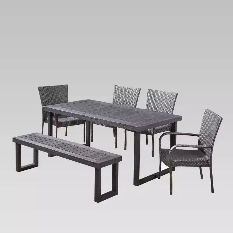 Nestor 6pc Wood and Wicker Chair and Bench Dining Set: Weather-Resistant, Galvanized Steel - Christopher Knight Home