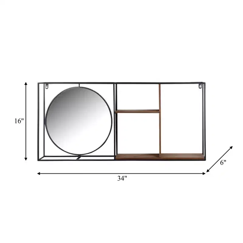 Wall Storage Shelf with Mirror, Industrial Metal and Wood Floating Shelf, Modern Home Decor for Bedroom, Living Room, Office