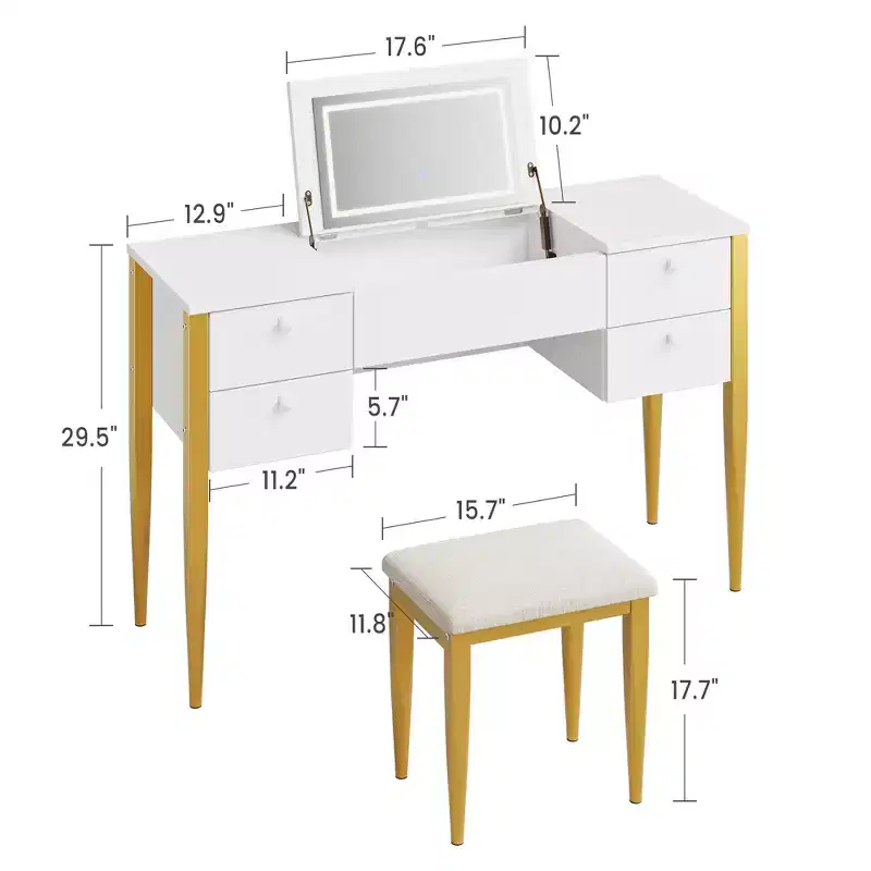 COZONY Small Vanity Desk with LED Mirror, Makeup Table Set with Flip Top and Drawers for Bedroom
