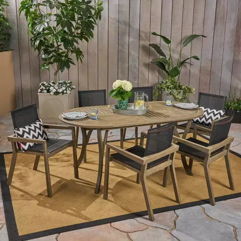 Christopher Knight Home Arletta Outdoor Mesh and Acacia Wood 7 Piece Dining Set