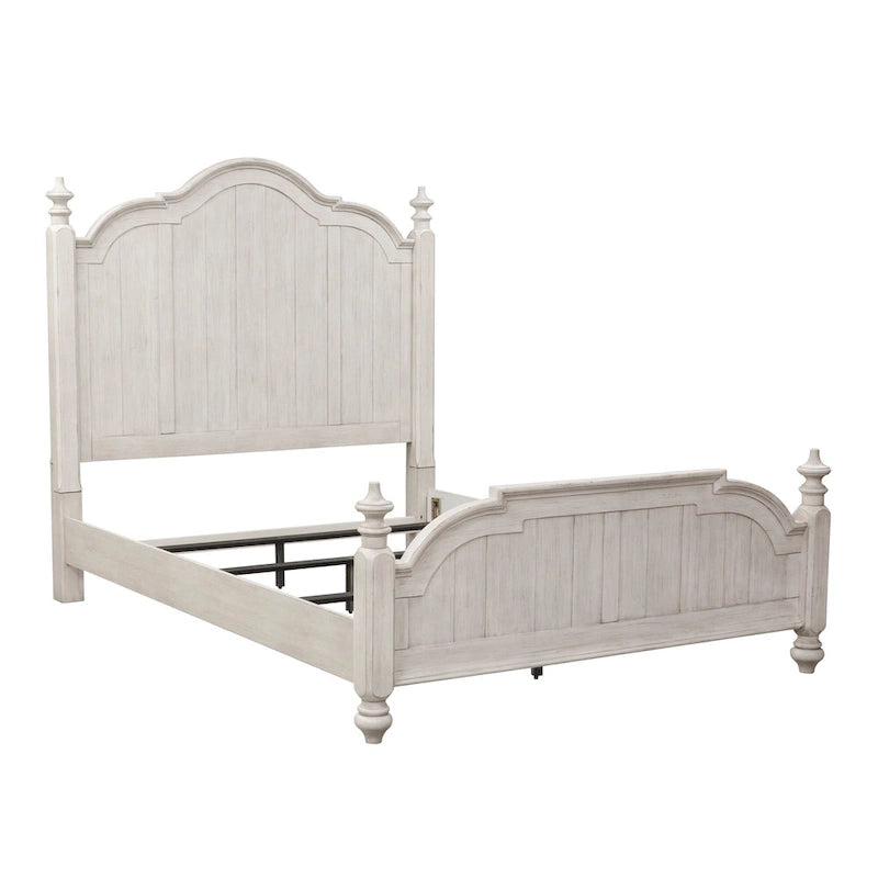 Farmhouse Cottage Queen Poster Bed – Antique White with Chestnut Tops