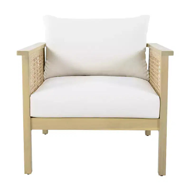 ModernLuxe Outdoor Acacia Wood Club Chair with PE Wicker Accents, Boho Modern Patio Armchair with Waterproof Cushions, Light Teak+Cream