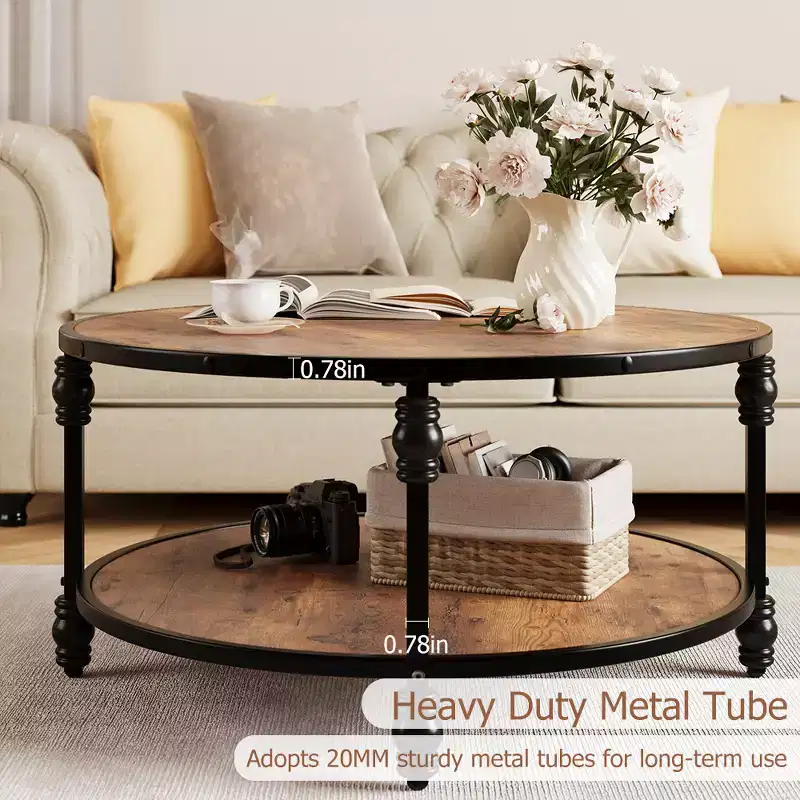 Round Coffee Table for Living Room, 2-Tier Wood Circle Coffee Table with Sturdy Roman Column Metal Legs,Rustic Center Table with Storage Shelf