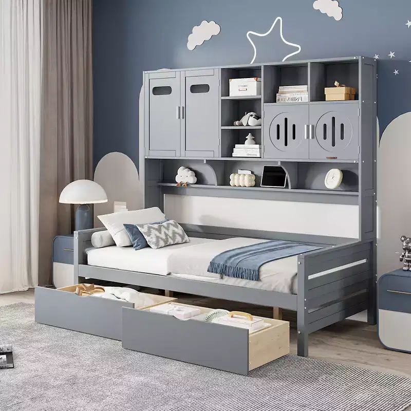 Twin/Full Size Wooden Daybed with 2 Drawers, All-in-One Cabinet and Shelves - ModernLuxe
