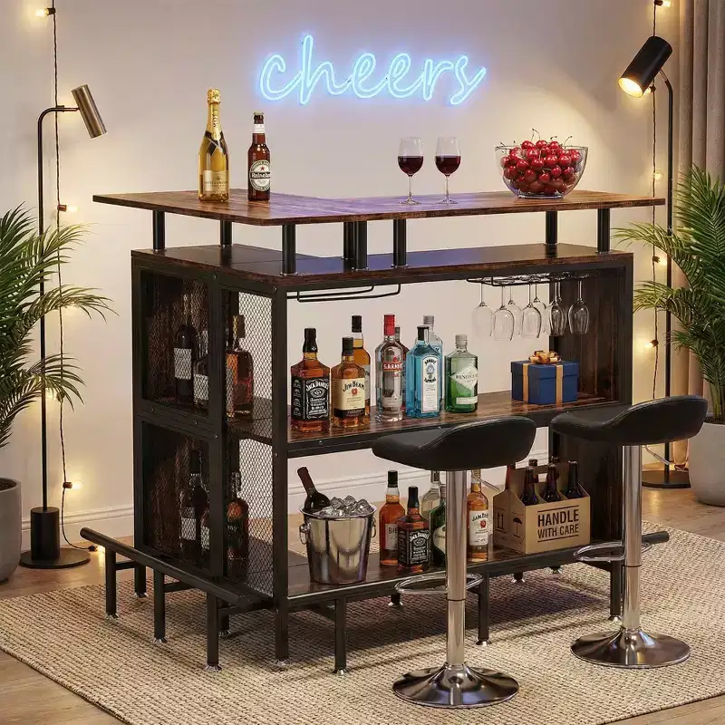 L-Shape Corner Home Bar Cabinet, Metal & E1 MDF Liquor Storage with 12 Wine Glass Racks & Footrest, Metal Mesh Bottle Guard