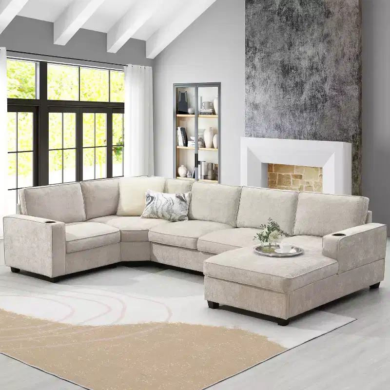 GDFStudio Lucas Modern 119 Oversized Chenille U-Shaped Sectional Sofa with Built-In Cup Holders