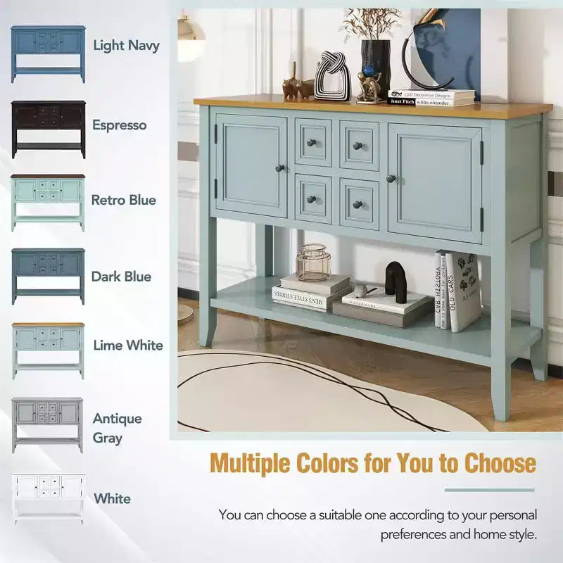 Farmhouse Console Table with 4 Drawers & 2 Cabinets, Lime White Sofa Table for Living Room Entryway Hallway Kitchen