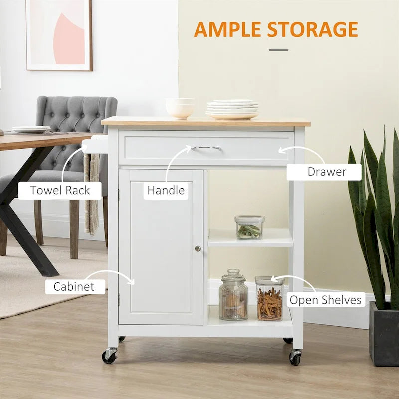 White Rolling Kitchen Island Cart with Solid Wood Top Drawer Cabinet and Open Shelves