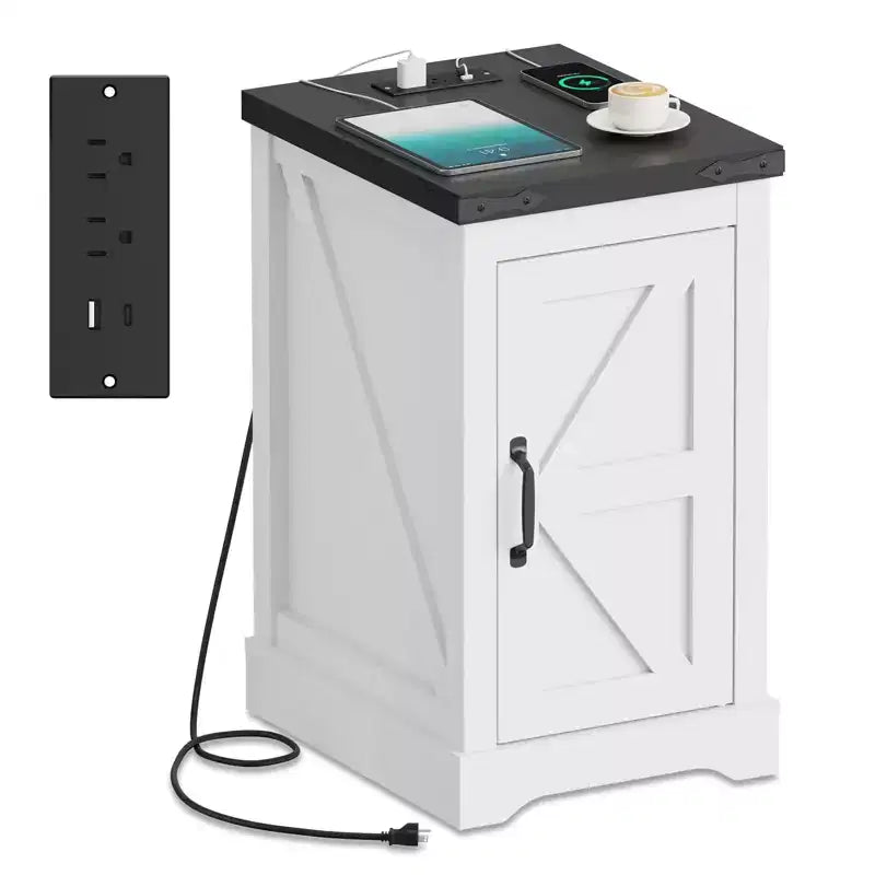 GustoWave Farmhouse End Table Nightstand with Adjustable Shelf and Cord Management, Modern Bedside Table for Bedroom & Living Room - White