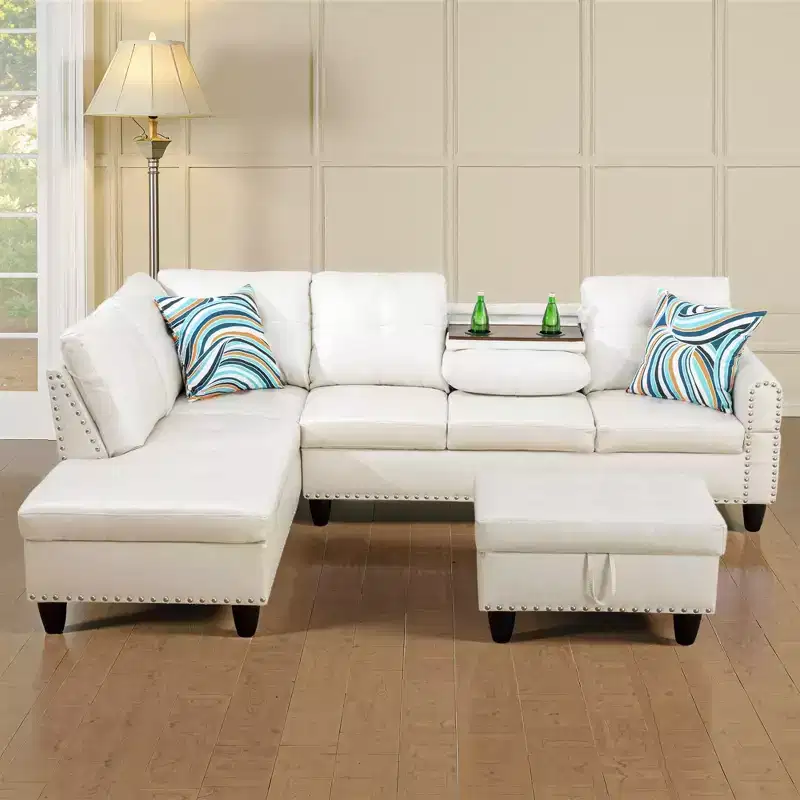 Modern 3-Piece L-Shaped Sofa Set in Black Synthetic Leather