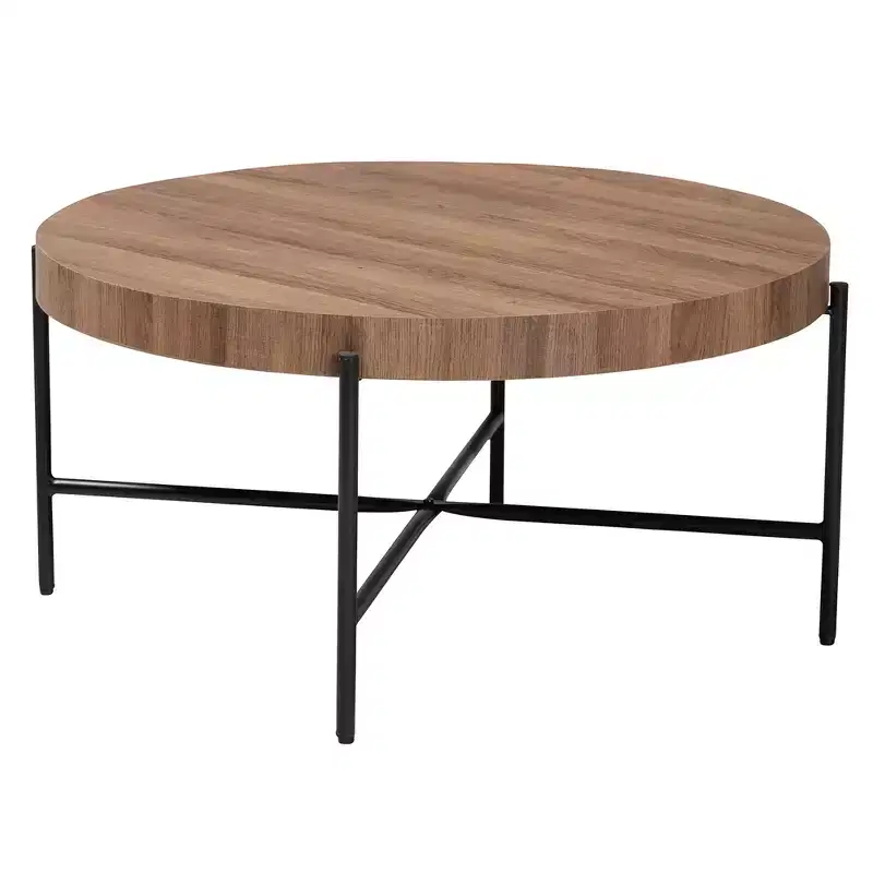Modern Industrial Round Coffee Table, Walnut Brown & Black Metal