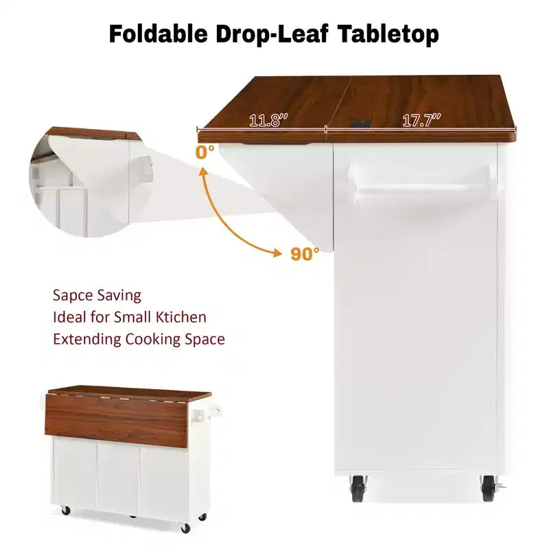 52-Inch Fluted Kitchen Island Cart with Power Outlet and Faux Marble Drop Leaf