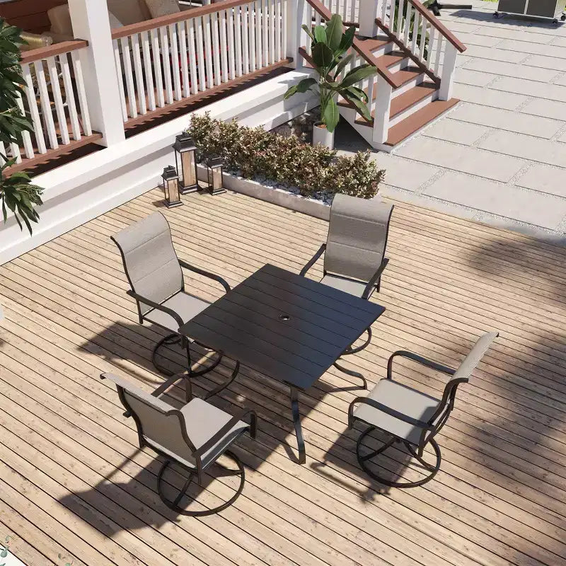 Mondawe 5-Piece Patio Dining Set,Square Table built-in Umbrella Hole & 360 Degree Swivel Chairs Outdoor Set
