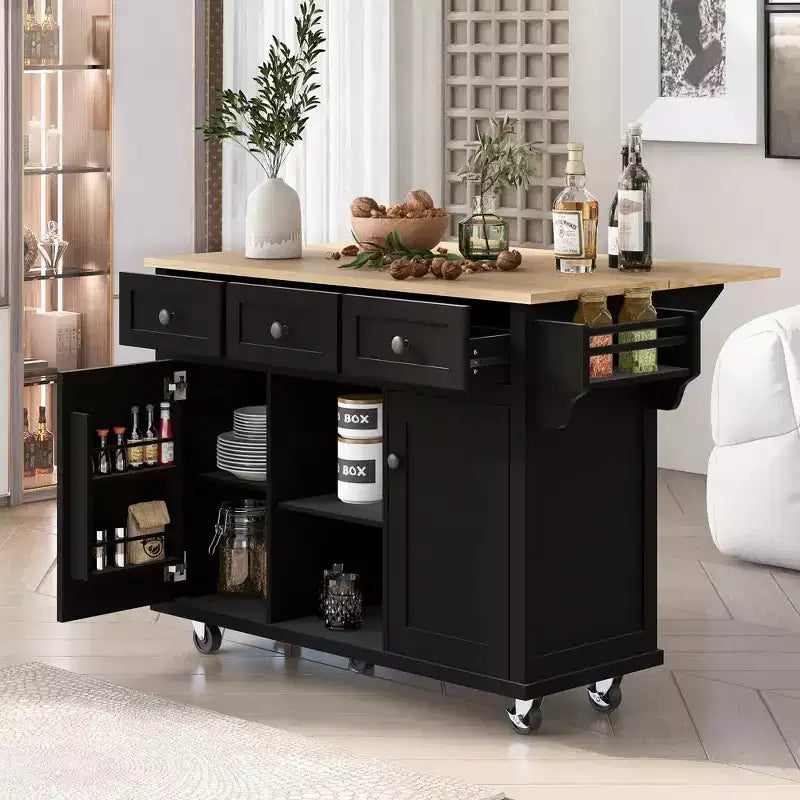 TUYOHW 53.1Inch Rolling Kitchen Island with Drop Leaf,Storage Cabinet and 3 Drawers