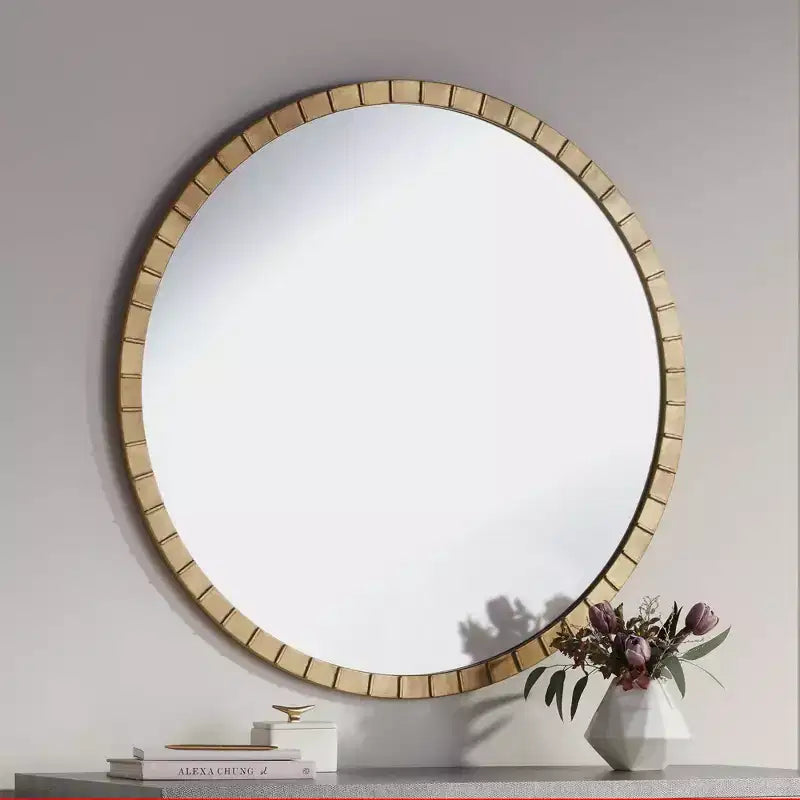 Uttermost Gracia Round Vanity Decorative Wall Mirror Modern Warm Gold Leaf Tiled Iron Frame 34 Wide for Bathroom Bedroom Living Room Home Office